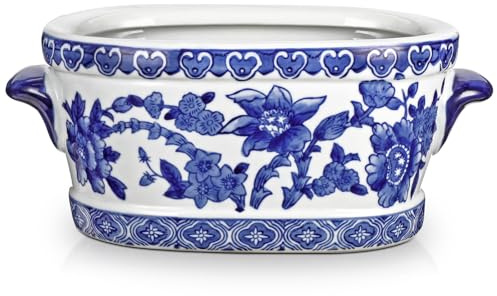 Blau-Weißer Keramikvase– Ovaler Übertopf im Porzellan-Stil mit Blumenmuster – Dekorative Schale Pflanztopf für Zimmerpflanzen, Orchideen & Kunstblumen – 19 cm