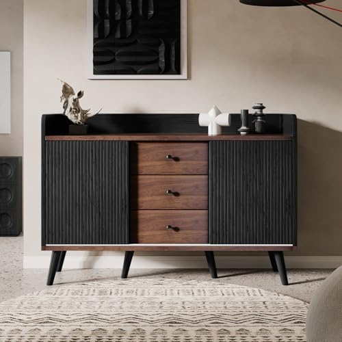 PUGSDRLY Meubles de Rangement pour Salon,Buffet Salle a Manger avec 2 Portes et 3 Tiroirs,Buffet Cuisine Meuble,Armoire pour Cuisine Salon Chambre,117.5x39.5x80cm (Noir)