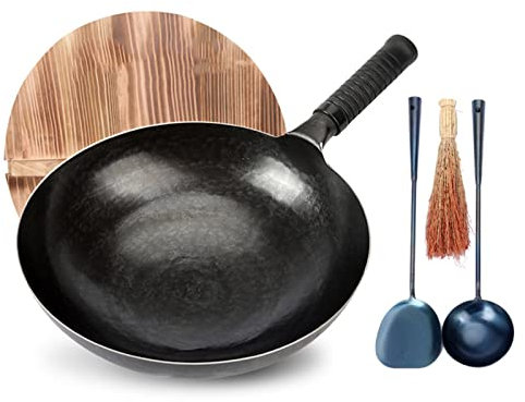 Set wok in ferro martellato a mano, padelle antiaderenti con fondo rotondo e coperchio in legno, per cucinare in interni ed esterni, 32 cm