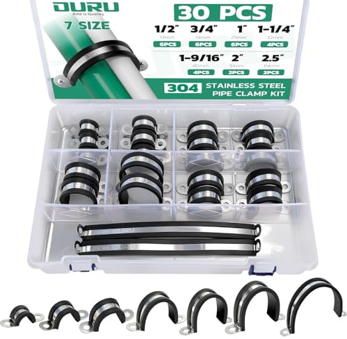 OURU 30pcs Pipe Clamp Assortment Kit 304 Stainless Steel, 7 Sizes (1/2-2.5) Heavy Duty Rubber Cushioned Insulated Pipe Strap, U Bracket Clamp Conduit Clamp for Automotive, Wire & Tube