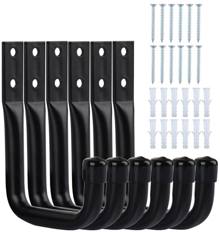 ALAHUGYEF 6 x Ganci da Muro per Garage, Ganci da Parete Nero, Gancio a J per Garage, Gancio Bici Muro per Biciclette, Supporto da Parete per Appendere Organizzazione Oggetti Ingombranti Utensili
