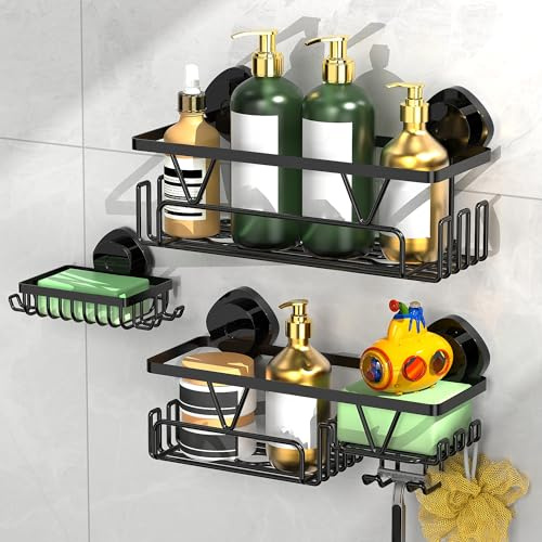 ZUNTO Black Shower Caddy with Strong Suction Cups, Bathroom Wall Suction Storage Organizer, Multi-Purpose Kitchen Shelf with Hooks, Waterproof Quick-Drying Rack for Toiletries, Reusable