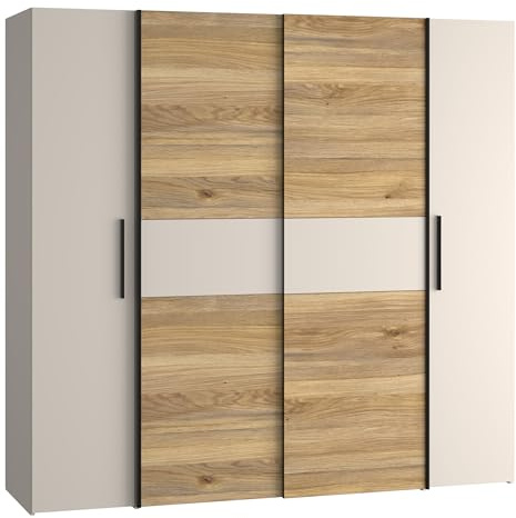 Forte KALIXTUS Kleiderschrank 200, moderner Dreh-/Schwebetürenschrank, 4-türig, geräumig, Holzwerkstoff, Eiche Holzdekor/Kaschmir Beige, 200,1 cm breit x 190,5 cm hoch x 61,2 cm tief