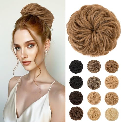 Haarteil mit Gummiband Dutt Haarteil Haargummi Lockig 45g Groß Dutt Haarteile Echthaar Unordentliche Hochsteckfrisuren Messy Bun Haarverlängerung für Damen Mädchen, #6 Hellbraun