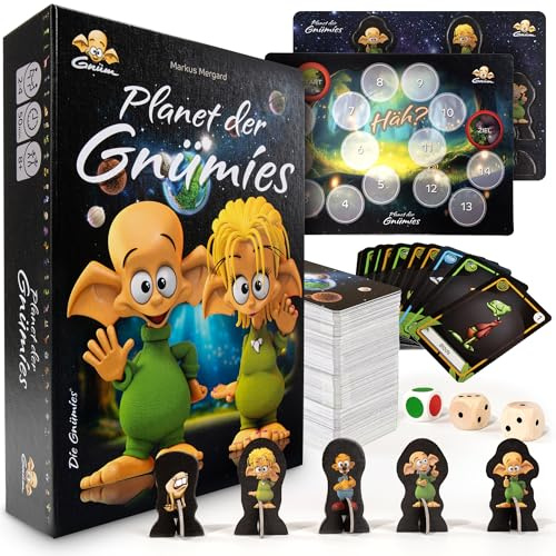 Gnüm – Planet der Gnümies | Familienspiel für 2-4 Spieler ab 8 Jahren | 3 Würfel, 5 Stanzfiguren & 297 Karten | Karten-, Würfel- und Strategiespiel | über 200 superlustige Lebewesen - handgezeichnet