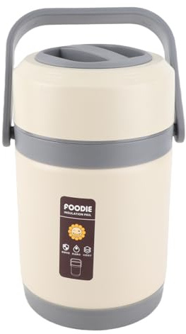 Hamwesh Pentola Termica da 2 Litri, Pentola Sottovuoto Portatile in Acciaio Inossidabile con Coperchio a Tenuta Stagna, 3+1 Contenitori per Viaggi e Campeggio (Beige)