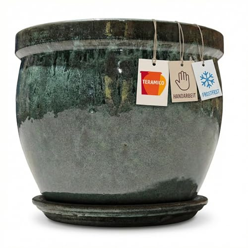 Teramico Blumentopf mit Untersetzer Keramik Pflanztopf Set (Moos Grün) | Handgefertigtes Teramico Steinzeug-Pflanzgefäß mit passendem Teller. Frostfest, stilvoll & ideal für Innenräume.