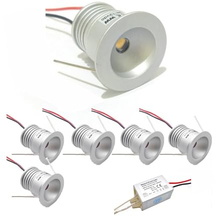 LGJEGD Mini Faretto/spot LED da 1 W, DC12V IP65 Impermeabile, 6 Pezzi Con Trasformatore 12, 2700K-6500K Dimmerabile (opzionale) Angolo del Fascio 60°/120(Neutral white,120 degrees)
