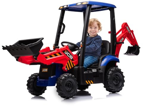 Garvee JCB 12V Kinder Elektrobagger 4-in-1 – Ferngesteuertes Rutschfahrzeug mit Frontlader, Hupe, verstellbarem Sitz, Eva-Reifen – Bagger & Bulldozer – Für Jungen & Mädchen – Farbe: Rot und Blau