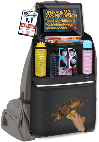 Termichy 3-in-1 Auto Rücksitz-Organizer mit Tablet-Halterung : Rückenlehnenschutz Kinder von Tarpaulin Wasserdichter Trittschutz— Autositze mit Platz Taschen für Snacks & Spielzeug (1 Stück)