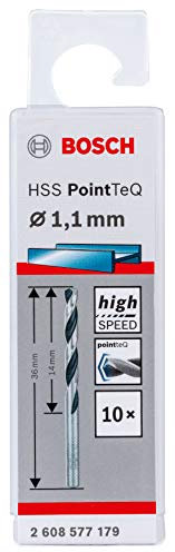 Bosch Accessories 2608577179 HSS PointTeQ (1,1 x 14 x 36 mm) - Set da 10 Pezzi di Punte Elicoidali per Trapano per Metallo, Acciaio, Fusione o Plastica, Grigio (Argento), Ø 1.1 mm