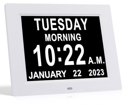 TMC 8 Inch Dementia Clock for Seniors - Medication Reminders, 12 Custom Alarms, Auto-Dimming Large Display Digital Calendar with Multi-Language Support USB Photo & Video Playback, Wall or Desk Mount