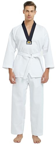 TOPTIE V-Neck Taekwondo Uniform for Kids Adults, TKD Dobok Uniform Martial Arts Uniform with Belt-black trim-Size 0000