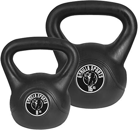 GORILLA SPORTS® Kettlebell - singel 2kg - 20kg eller set 17kg, 24kg, 30kg, 110kg, 113kg med/utan hylla, plast - kettlebell, bollvikt, swing hantel, vikter, kondition, styrketräning