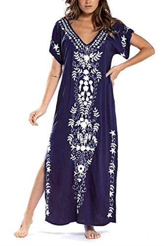 YOUKD Coton brodé Floral lâche Caftan Boho Plage Bikini Couvrir Robe Grande Taille vêtements de détente pour Les Femmes