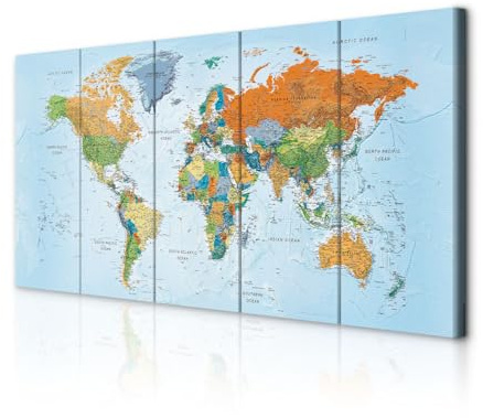 decomonkey Wandbilder Weltkarte 150x60 cm 5 Teilig Leinwandbilder Wanddeko | Bild auf Leinwand, Kunstdruck, Wohnzimmer, Wanddekoration, Abstrakt, Karte, Landkarte