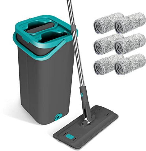 Mocio Lavapavimenti e Secchio Strizzatore, Masthome Mocio Lavapavimenti Professionale con Secchio, Mocio Piatto Autopulente per a Tutti i Tipi di Pavimenti, con 6 Panni in Microfibra, Grigio Scuro