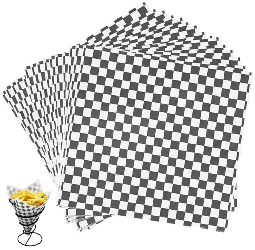 NCOALE Käsepapier Wachspapier, 100 Stück Checke Schwarz Deli Basket Liner Lebensmittelverpackung Papier Antihaftpapier für Lebensmittel Fettbeständig Wrap BBQ Hamburger Sandwiches Pommes Körbchen