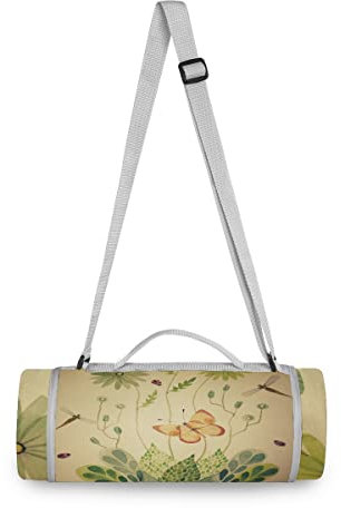 BEUSS Schmetterling Libelle Blume Picknickdecke Runde Picknick-Matte Kampierende Strand Yoga Decken Matten im Freien Faltbar Leicht Matte Decke mit Tragegriff(148cm x 148cm)