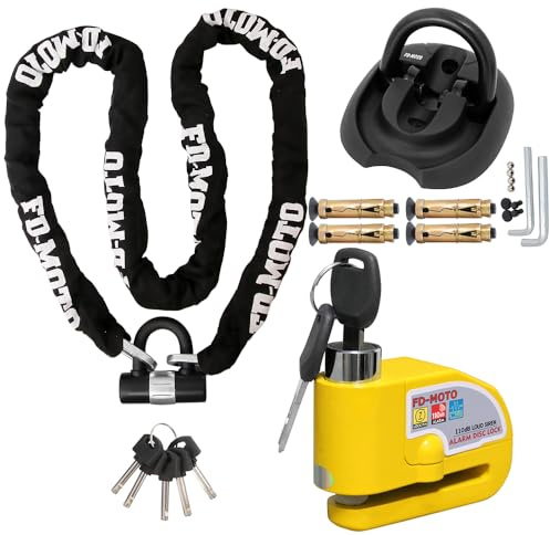 FD-Moto Chain Lock + Yellow Alarm Brake Disc Lock + Ground Anchor (4 Bolts) | 2M*10mm Black/White Steel Heavy Duty for Motorbike Motorcycle Scooter Bike Bicycle