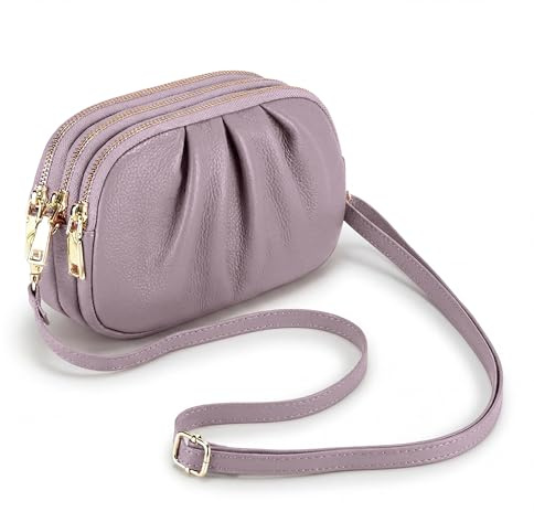 FORRICA Umhängetasche Damen Klein Echte Leder Crossbody Bag Handytasche Rindsleder mit 3 Reißverschlussen Fächern Rosa