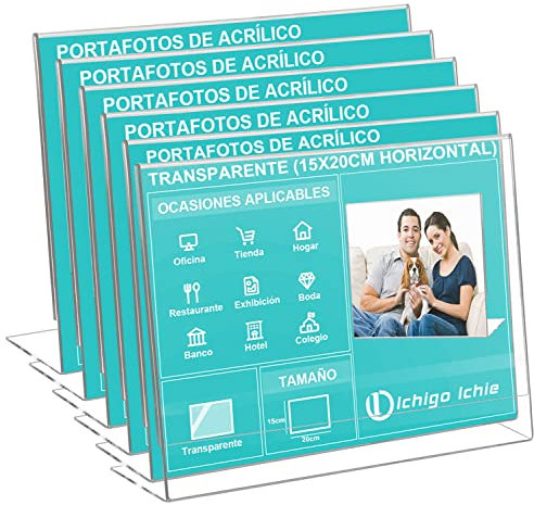 Ichigo Ichie Juego de 6 Soporte de Sobremesa de 15x20 cm, Portafotos de Plástico Transparente, Soportes de Acrílico para Fotos, Ideal para Hogar, Hotel, Oficina, Tienda y Restaurante (Horizontal)