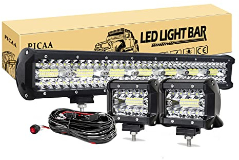 PICAA 7D 20 Zoll 420W Led Lichtbalken Mit 2PCS 4 Zoll LED Arbeitslicht 12V | 8D,Led Arbeitsscheinwerfer Zusatzscheinwerfer Bar,Spot Flutlicht Kombination， für SUV Offroad ATV UTV Traktor 4x4 Auto