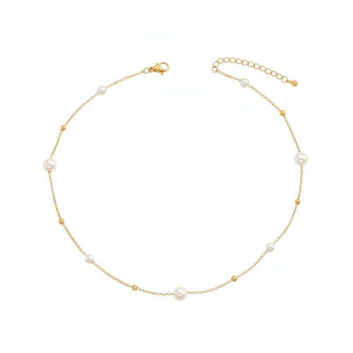 Havopso Delicada gargantilla de perlas chapada en oro de 18 quilates, collar de cadena ajustable con cuentas de perlas para dama de honor, regalo de boda para mujeres y niñas, acero inoxidable, sin