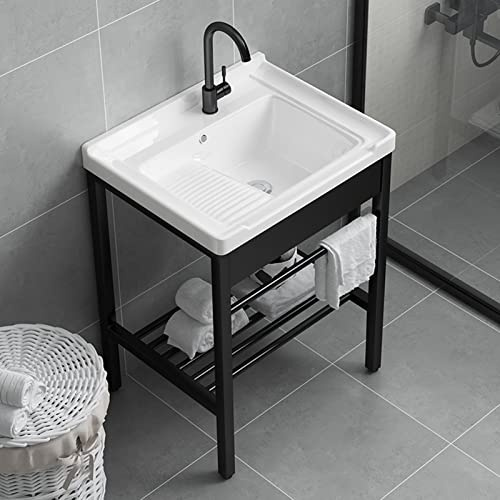 Lavabo in ceramica Bianco Lavatoio Lavello for Esterno e Interno Mobile Lavandino con piedistallo Supporto in Acciaio Inossidabile for ristoranti,bagni,Garage,Magazzini,il Bagno e Toilette ( Size : 61