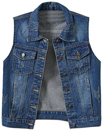 Chaleco de mezclilla para mujer lavado rasgado sin mangas, azul oscuro, M