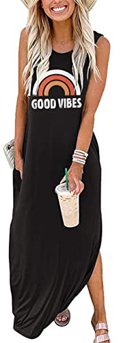 Summer Maxi Dresses for Women 2026 Casual Sleeveless Loose Beach Good Vibes T Shirt Dresses with Pockets