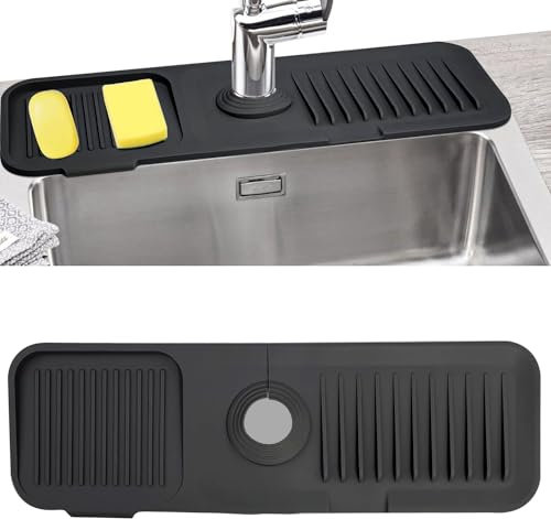 Hayagive Sink Faucet Mat with Slope for Self Draining Silicone Sink Splash Guard as Soap Dish & Sponge Holder Faucet Handle Drip Catcher Tray for Kitchen Counter Bathroom (Black)