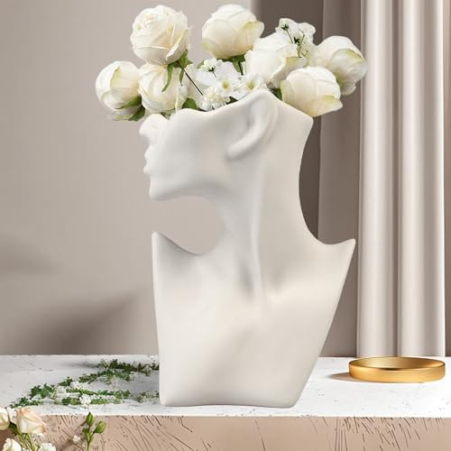 HOMURY Keramik Vase Weiß Mit Weiblichem Profil, Tischvase für Pampasgras Blumen, Gesicht Blumenvase in Menschlicher Körperform für Wohnzimmer Home Deko