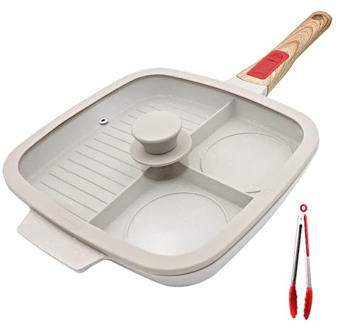 Bobikuke 3-Section Griddle Pan with Lid and Detachable Handle, White | Non-stick divided grill pan with three sections, lid and removable handle for convenient induction cooking.