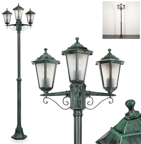HOFSTEIN Kandelaber Loria, Außenwegeleuchte aus Metall/Milchglas in Schwarz-Grün, Wechselscheiben Klar, Wegeleuchte im Landhaus/Antik/Vintage-Design, Garten, Terrasse, Hof, max. 200 cm, 3 x E27, IP44