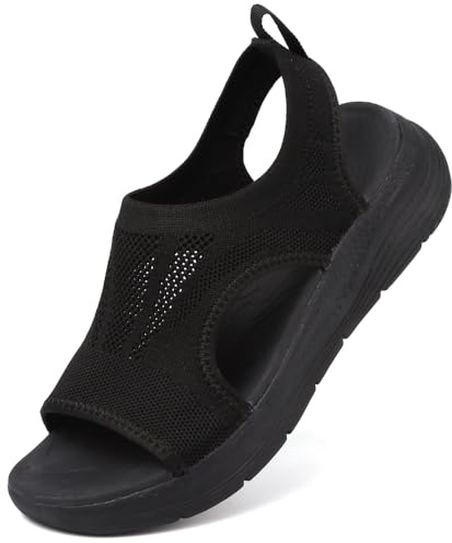 VTASQ damer sandael sommar utomhus ortopediska stickade lätta sneakers öppen tå kilar strand tjocka golv sandaler, svart, 40 EU