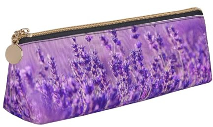 Bleistifttasche, Dreieckiges Stiftetui Tragbare Bleistifttasche Ledertasche Für Das Schulbüro,Lavendelblüten-lila Landschaftslandschaft
