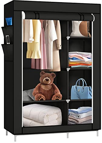 Kedia Kleiderschrank, Stoffschrank mit Reißverschluss, Kleiderstange Schuhschrank Garderobe für Schlafzimmer, Ankleidezimmer (105 * 45 * 170cm-Schwarz)