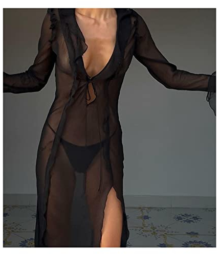 Strandöverdrag Dam Hav V-Neck V-hals Beach Lång Klänning med skira Volanger Strandöverdrag Sommar Sexig Bikini Baddräkt Långärmad Split Fåll Mesh Klänning (Färg: Svart, S
