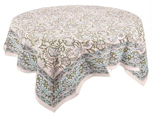 GURU SHOP Tischdecke Quadratisch, Handarbeit, Blockdruck Tischtuch - Weiß/grün, Baumwolle, 107x107x0,3 cm, Tischläufer, Tischdecken