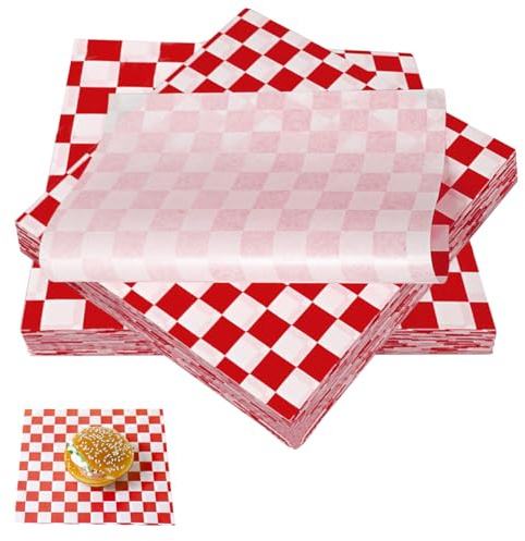 200Pcs Greaseproof Paper Sheets, 22 * 22cm/8.66 * 8.66 Red White Checkered Food Burger Wrap Paper, Oil Proof Baking Paper Sheets for Bread, Chips, Sandwiches, Food Wrapping