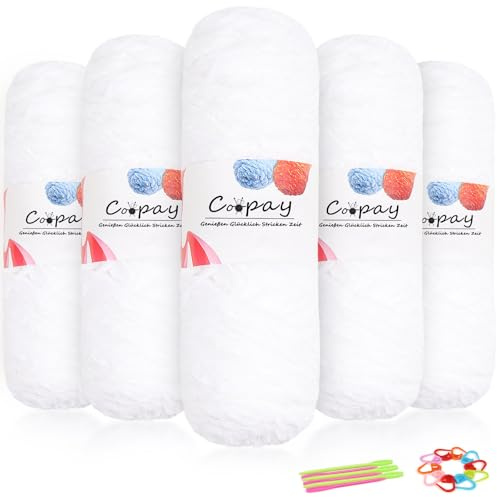 Coopay Samt Chenille Wolle zum Häkeln, 500g (5x100g) Velvet Chenillegarn, Dicke Wolle zum Stricken, Flauschige Weiche Samtig Chenillewolle mit Häkelzubehör für Schals, Decken - Weiß