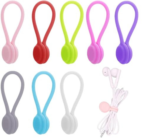 MEXRUMI 8 Pièce Enrouleur Magnétique Sangle De Câble Magnétique En Silicone Attaches De Câble Réutilisables En Silicone Clips De Câble Magnétique Multi-Couleurs Pour Cordon Usb Aimants De Réfrigérateu