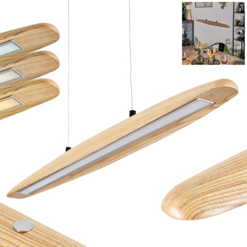 HOFSTEIN LED Pendelleuchte Fugelsta, dimmbare Pendellampe aus Metall/Holz/Kunststoff in Schwarz/Natur/Weiß, Hängeleuchte Retro mit Holzbalken und Touchdimmer, CCT, Höhe max. 170 cm, Esszimmer, Küche