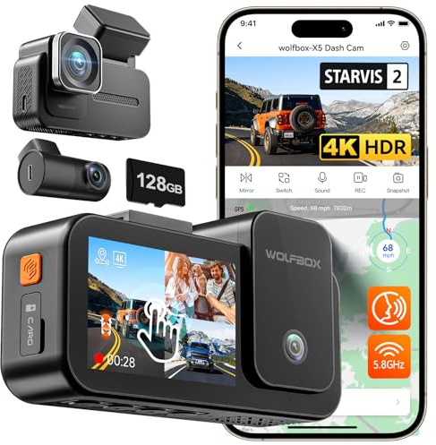 WOLFBOX X5 3 Channel 4K HDR Dash Cam, STARVIS 2 IMX678 8MP Night Vision, 4K+2.5K+1080P Front and Rear Inside Car Camera with 128GB Card and GPS, Support Voice Control, Touch Screen and 5.8GHz WiFi