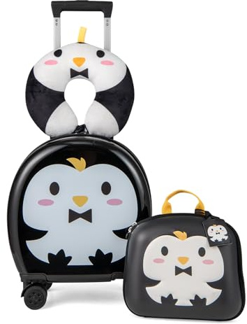 DREAMADE 4 TLG. Kinderkoffer-Set, Kinder Reisekoffer mit Rucksack, Nackenkissen & Kofferanhänger, Trolley Handgepäck für Kinder ab 3 Jahren, 38 x 21 x 57 cm Reisetrolley mit Rollen (Schwarz)