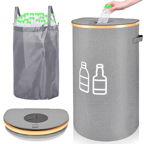 IEEILULU Collecteur de Bouteille avec Couvercle, Poubelle Recyclage 100L avec Trou et Sac à Main, Rangement de Bouteilles Consignées, Poubelle Tri Selectif pour Plastique et Bouteilles Verre (Gris)