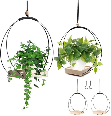 Tarange 2 Stück Pflanzen Blumenampel Hängend Innen, Mit Holzsockel Metallring Blumentopf Hängend, Hängetopf Für Pflanzen, Hängender Blumentopf Hängepflanzen Topf Für Wände Und Decken (B)