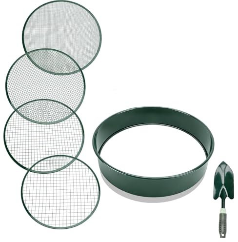 Garden Sieve for Soil and Stones, 4 in 1 Heavy Duty Mesh Garden Soil Sieve, Compost Sieve Steel with 4 Interchangeable Mesh Sizes 12mm/9mm/6mm/3mm, and Gardening Shovel for Soil Compost Seeds Sand