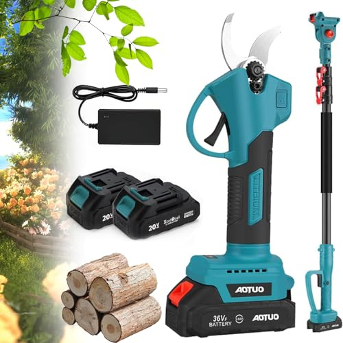 Electric Pruning Shears - Cordless Secateurs with 2 Batter ies & 2m Extension Pole, Cut Branches Up to 4.5cm, 12 Hours Battery Life, Ideal for Gardening & Pruning Tasks